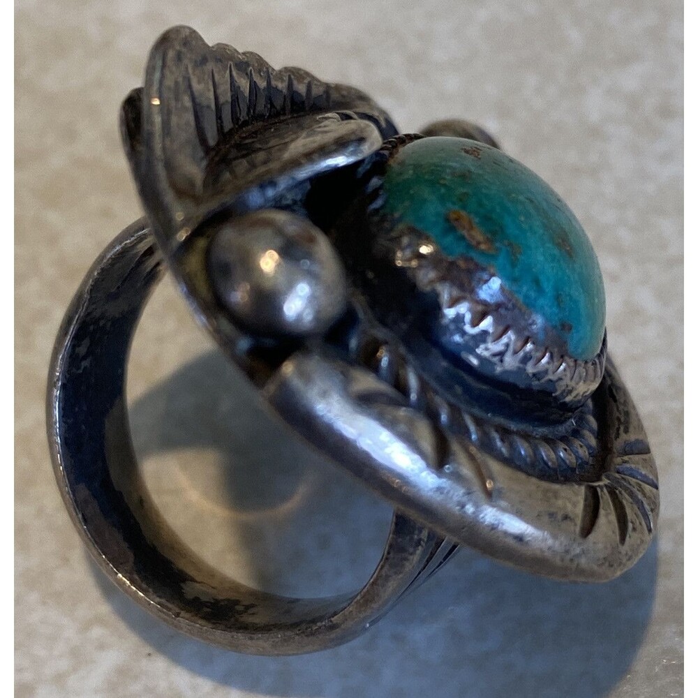 Vintage Navajo Signed Turquoise Sterling Silver Feather Ring Size 5.5 - Picture 5 of 12